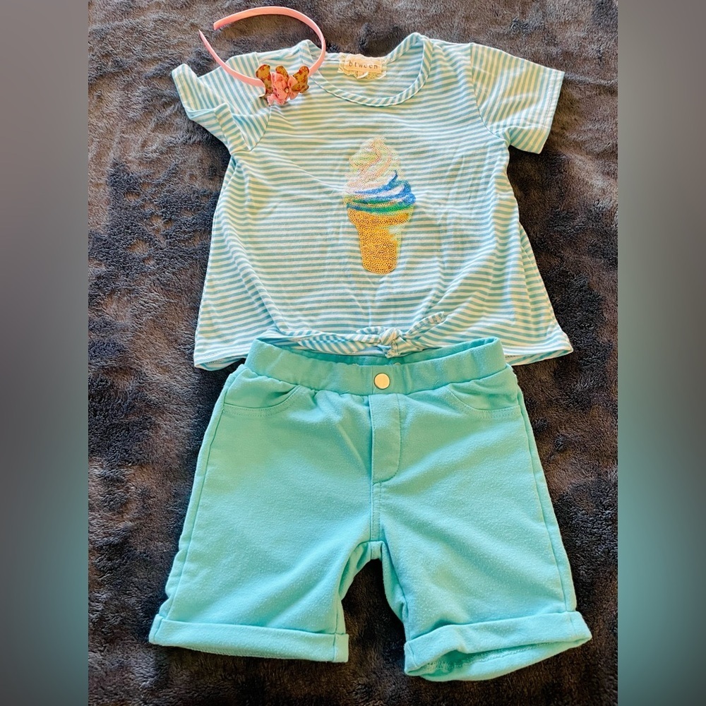 Bundle of 3: NWOT headband + sequin ice cream shirt + shorts size 5T by btween